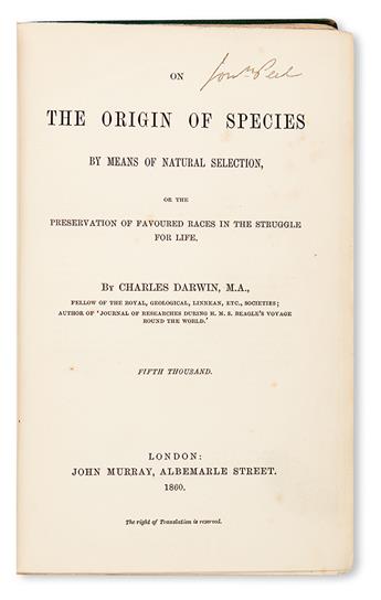 MEDICINE  DARWIN, CHARLES.  On the Origin of Species by Means of Natural Selection . . . Fifth Thousand.  1860